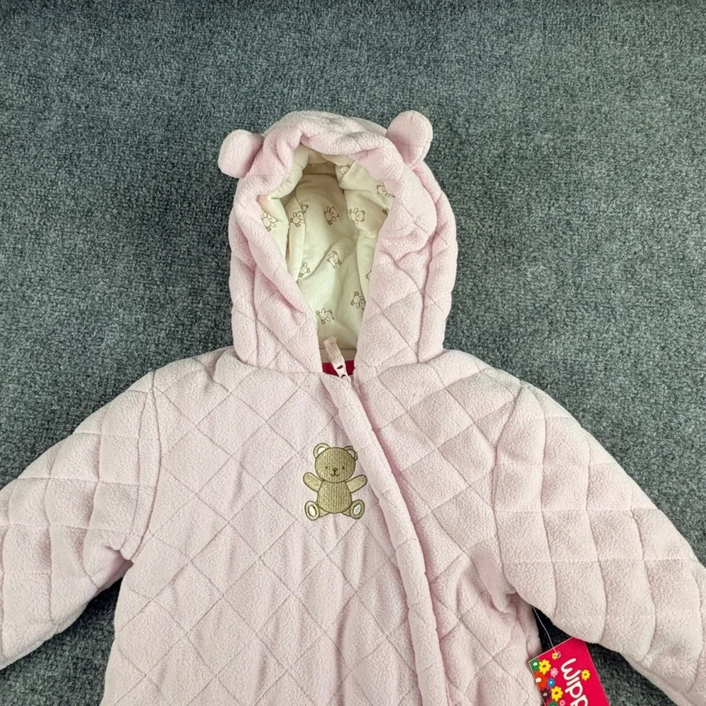 Wippette Bunting Snowsuit Baby Girl 3/6M Pink Quilted Fleece Teddy Bear Hooded‎